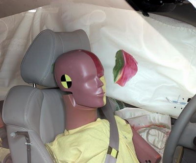 Smeared greasepaint shows where the driver dummy's head was protected from being hit by hard structures by the side curtain airbag