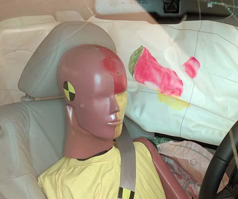 Smeared greasepaint shows where the driver dummy's head was protected from being hit by hard structures by the side curtain airbag