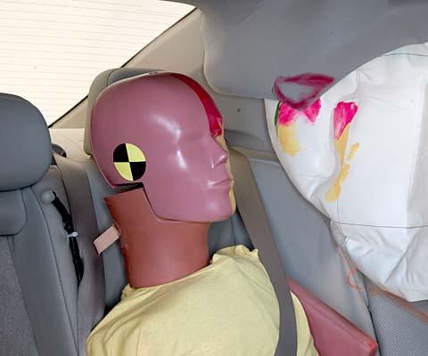 Smeared greasepaint shows where the rear passenger dummy’s head was protected by the side airbag