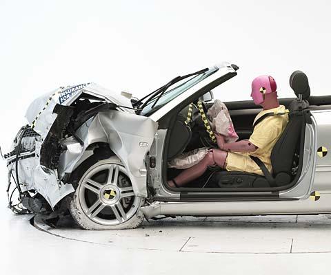 The dummy's position in relation to the steering wheel and instrument panel after the crash test indicates that the driver's survival space was maintained very well