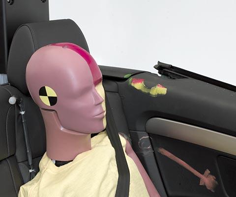 Smeared yellow, red, and green greasepaint shows where the rear passenger dummyвЂ™s head was hit by the interior side trim