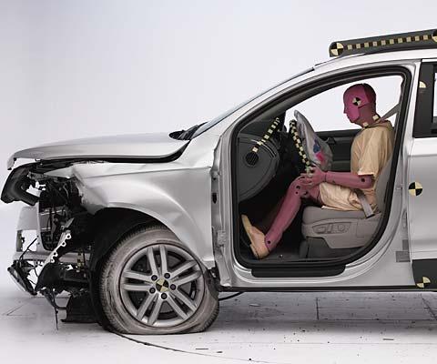 he dummy's position in relation to the steering wheel and instrument panel after the crash test indicates that the driver's survival space was maintained well