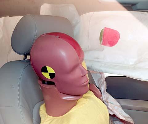 Smeared greasepaint shows where the driver dummy's head was protected from being hit by hard structures by the side curtain airbag