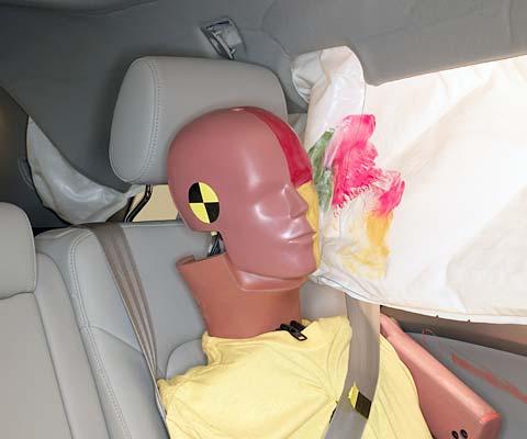 Smeared greasepaint shows where the rear passenger dummy’s head was protected by the side airbag