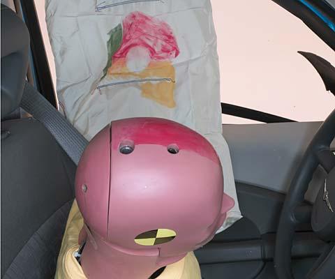 Smeared greasepaint shows where the driver dummy's head was protected from being hit by hard structures by the side airbag