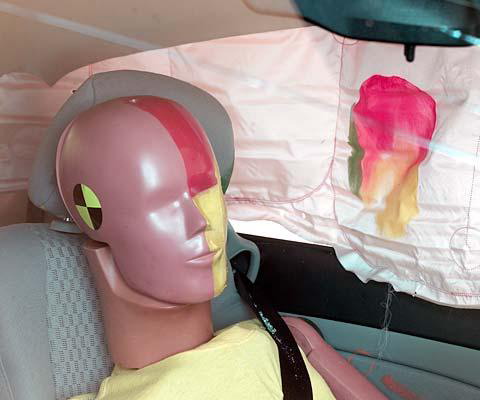 Smeared greasepaint shows where the driver dummy's head was protected from being hit by hard structures by the side curtain airbag