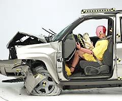 The dummy's position in relation to the steering wheel and instrument panel after the crash test indicates that the driver's survival space was maintained reasonably well