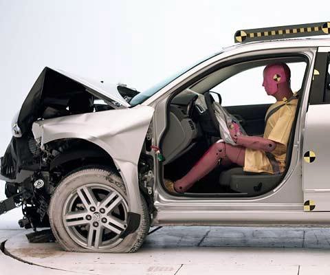 The dummy's position in relation to the steering wheel and instrument panel after the crash test indicates that the driver's survival space was maintained well