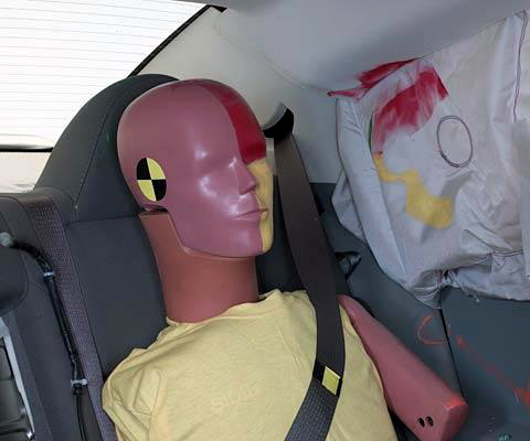 Smeared greasepaint shows where the rear passenger dummyвЂ™s head was protected by the side airbag