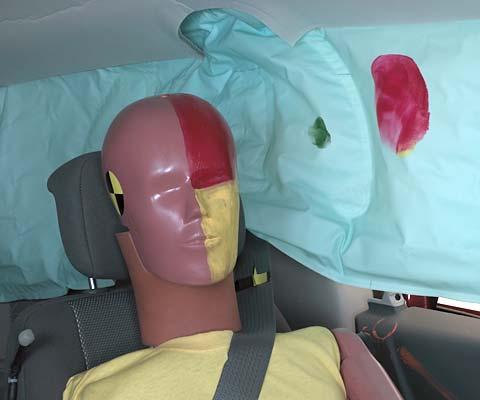 Smeared greasepaint shows where the rear passenger dummy’s head was protected by the side airbag