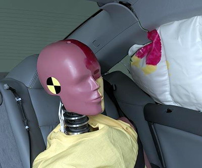 Smeared greasepaint shows where the rear passenger dummy’s head was protected by the side airbag.