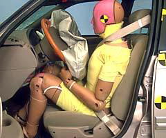 The dummy's position in relation to the steering wheel and instrument panel after the crash test indicates that the driver's survival space was maintained well