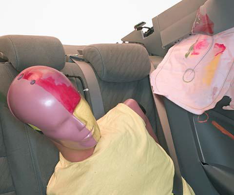 Smeared greasepaint shows where the rear passenger dummy's head was protected by the side airbag