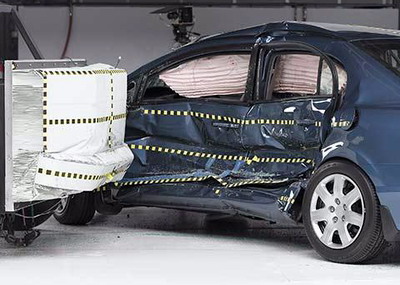 View of the vehicle and barrier just after the crash test