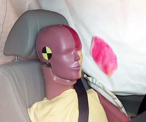 Smeared greasepaint shows where the driver dummy's head was protected from being hit by hard structures by the side curtain airbag