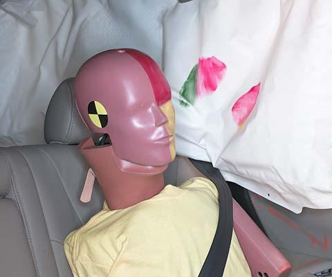 Smeared greasepaint shows where the rear passenger dummy's head was protected by the side airbag