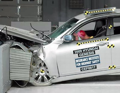 Action shot taken during the first of two frontal offset crash tests