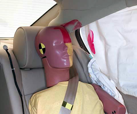 Smeared greasepaint shows where the rear passenger dummy’s head was protected by the side airbags (second test shown)