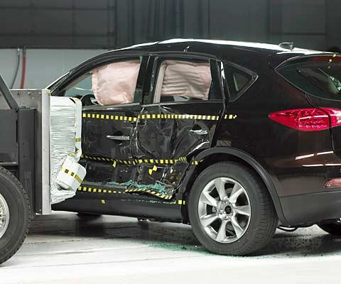 View of the vehicle and barrier just after the second of two crash tests.