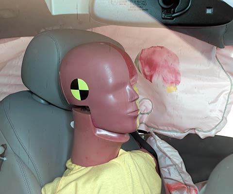 Smeared greasepaint shows where the driver dummy's head was protected from being hit by hard structures by the side curtain airbag in the second test.