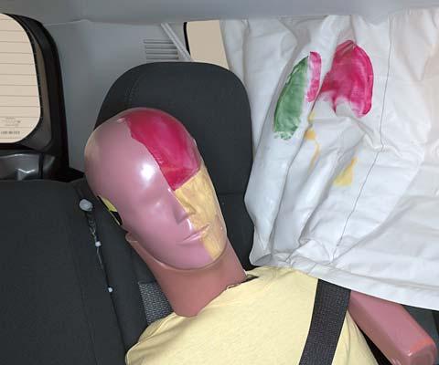 Smeared greasepaint shows where the rear passenger dummy’s head was protected by the side airbag