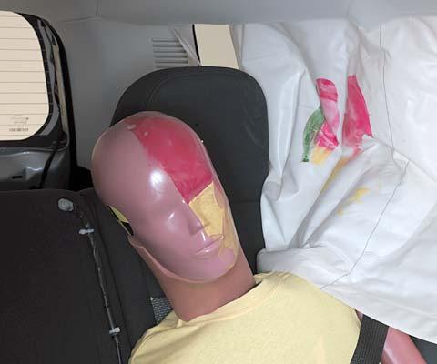 Smeared greasepaint shows where the rear passenger dummy’s head was protected by the side airbag