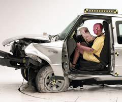 The dummy's position in relation to the steering wheel and instrument panel after the crash test indicates that the driver's survival space was maintained reasonably well, but steering wheel movement and seat tipping were both excessive