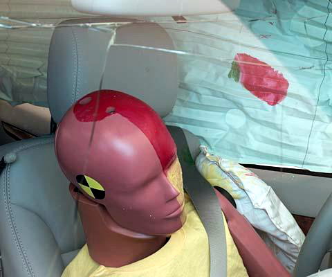 Smeared greasepaint shows where the driver dummy's head was protected from being hit by hard structures by the side airbags