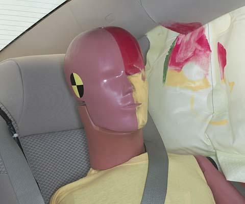 Smeared greasepaint shows where the rear passenger dummyвЂ™s head was protected by the side airbag