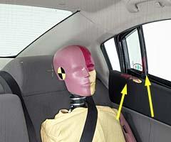 Smeared yellow and red greasepaint shows where the rear passenger dummy's head hit the window sill and window frame