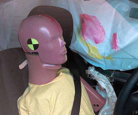 Smeared greasepaint shows where the driver dummy's head was protected from being hit by hard structures by the side curtain airbag