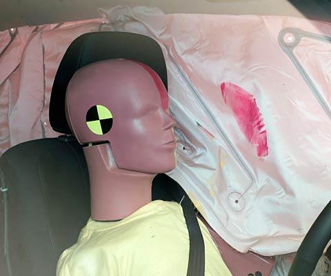 ASmeared greasepaint shows where the driver dummy's head was protected from being hit by hard structures by the side curtain airbag