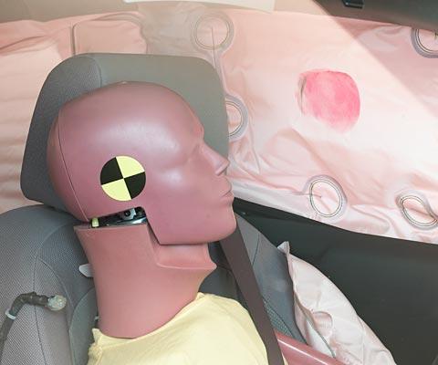 Smeared greasepaint shows where the driver dummy's head was protected from being hit by hard structures by the side curtain airbag