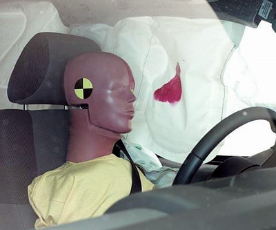 Smeared greasepaint shows where the driver dummy's head was protected from being hit by hard structures by the side curtain airbag