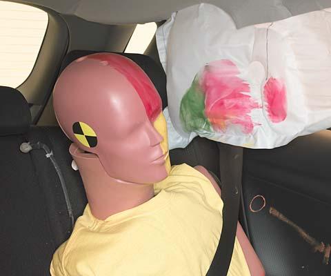 Smeared greasepaint shows where the rear passenger dummy’s head was protected by the side airbag