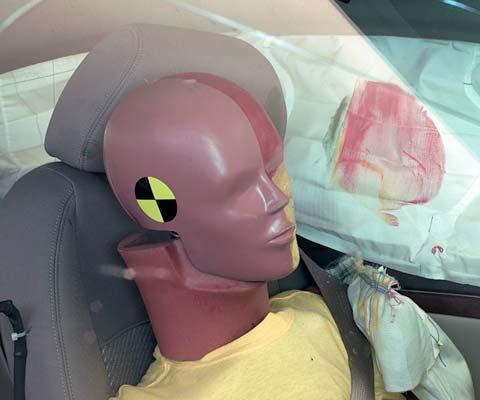 Smeared greasepaint shows where the driver dummy's head was protected from being hit by hard structures by the side airbags