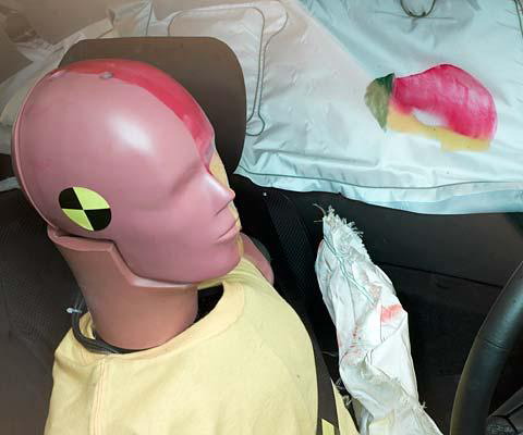 Smeared greasepaint shows where the driver dummy's head was protected from being hit by hard structures by the side curtain airbag