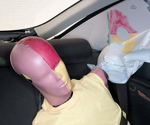 Smeared greasepaint shows where the rear passenger dummy’s head was protected by the side airbag