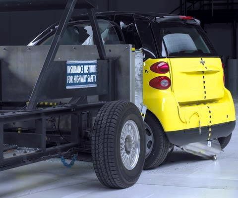 View of the vehicle and barrier just after the second of two crash tests