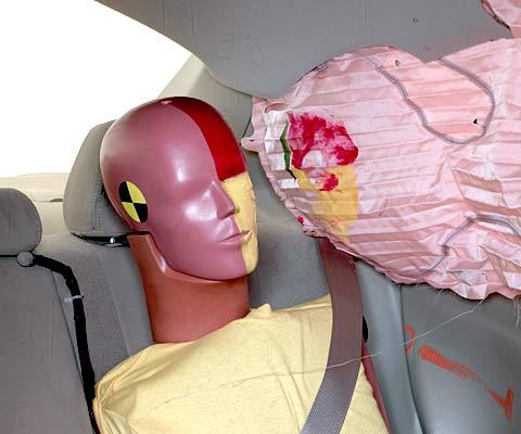 Smeared greasepaint shows where the rear passenger dummy’s head was protected by the side airbag