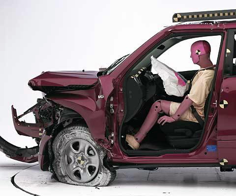 The dummy's position in relation to the steering wheel and instrument panel after the crash test indicates that the driver's survival space was maintained well