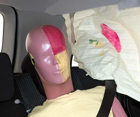 SSmeared greasepaint shows where the rear passenger dummy’s head was protected by the side airbag