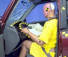 The dummy's position in relation to the steering wheel and instrument panel after the crash test indicates that the driver space was maintained reasonably well