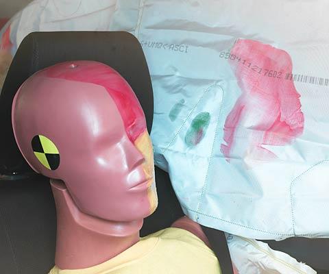 Smeared greasepaint shows where the driver dummy's head was protected from being hit by hard structures by the side curtain airbag