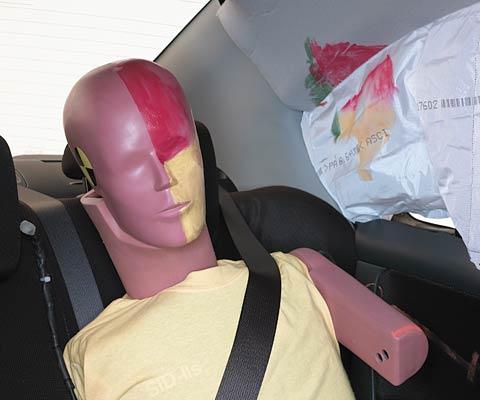 Smeared greasepaint shows where the rear passenger dummy’s head was protected by the side airbag