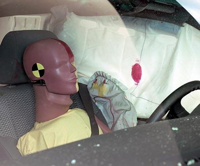 Smeared greasepaint shows where the driver dummy's head was protected from being hit by hard structures by the side curtain airbag