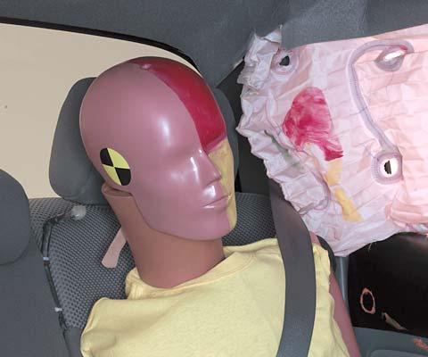 Smeared greasepaint shows where the rear passenger dummy’s head was protected by the side airbag