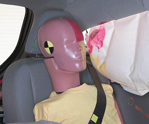 Smeared greasepaint shows where the rear passenger dummy's head was protected by the side airbag