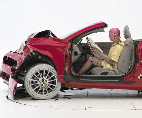 The dummy's position in relation to the steering wheel and instrument panel after the crash test indicates that the driver's survival space was maintained well