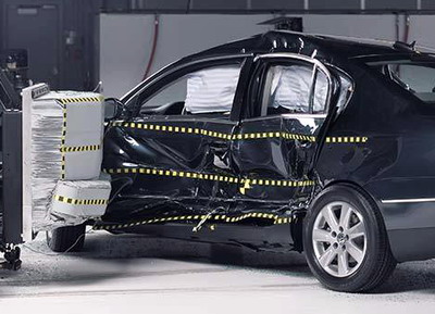 View of the vehicle and barrier just after the crash test